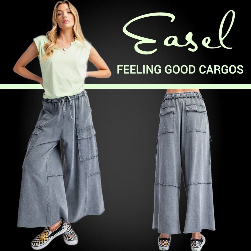 EASEL “Feeling Good Cargos” Mineral Washed Flared Leg, Raw Seams & Hems, Pockets